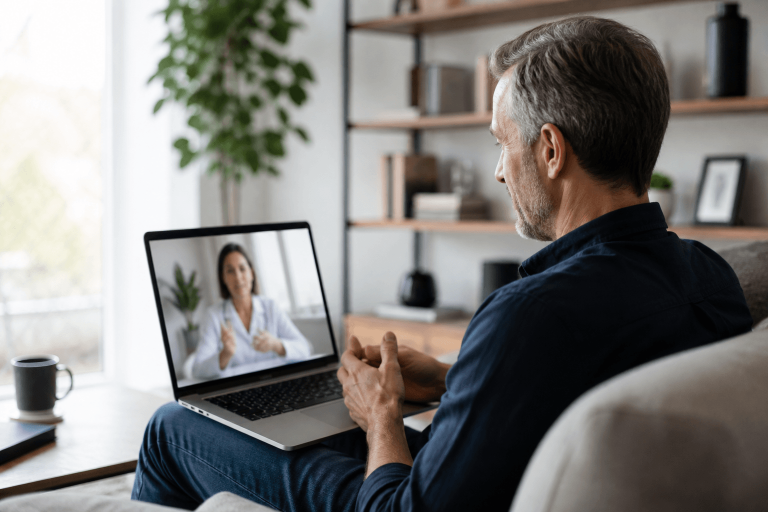Adult participating in a telehealth clinician review from home